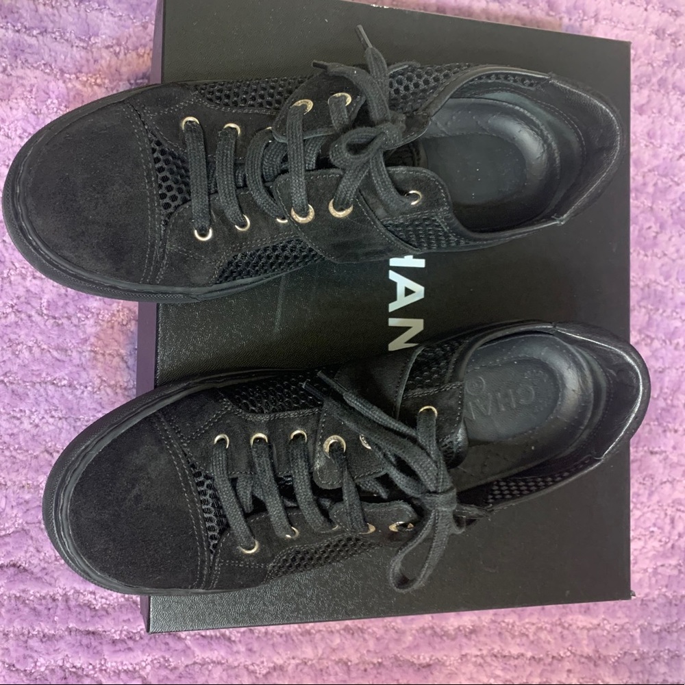 Chanel black mesh and suede sneakers